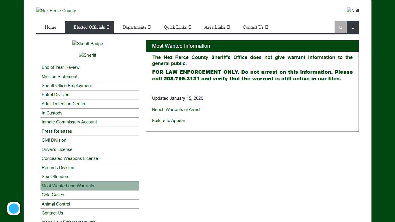 Most Wanted and Warrants, Nez Perce County Sheriff